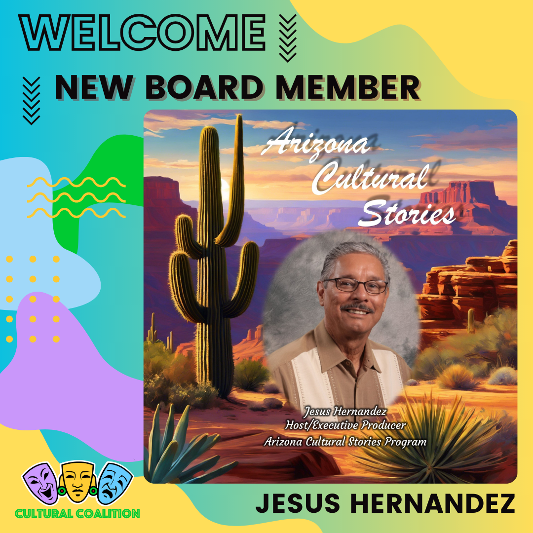 Welcome New Board member Jesus Hernandez colorful background with portrait of Jesus and desertscape